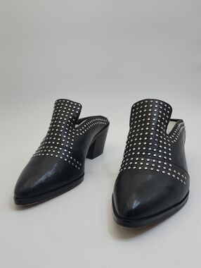 1.STATE "Lon" Black Leather Studded Pointed Toe Block Heel Mules Size 6